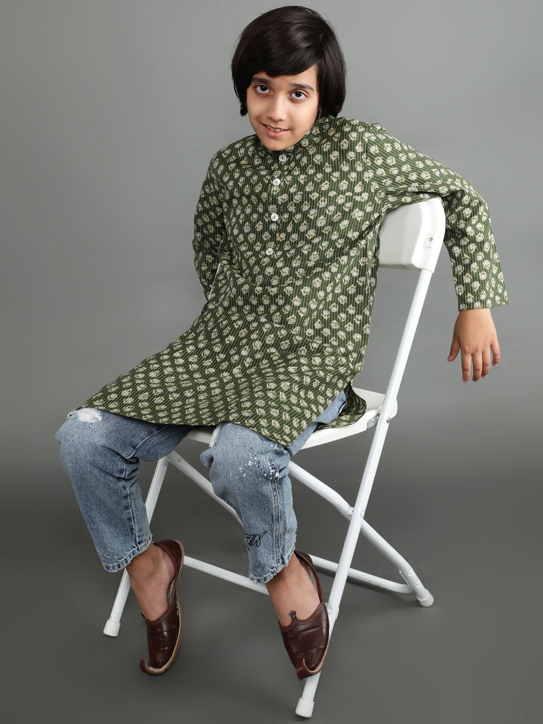 Green Kantha Work Kurta - Elganza