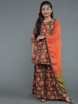 Brown Floral Print Kurta Sharara With Dupatta - Elganza