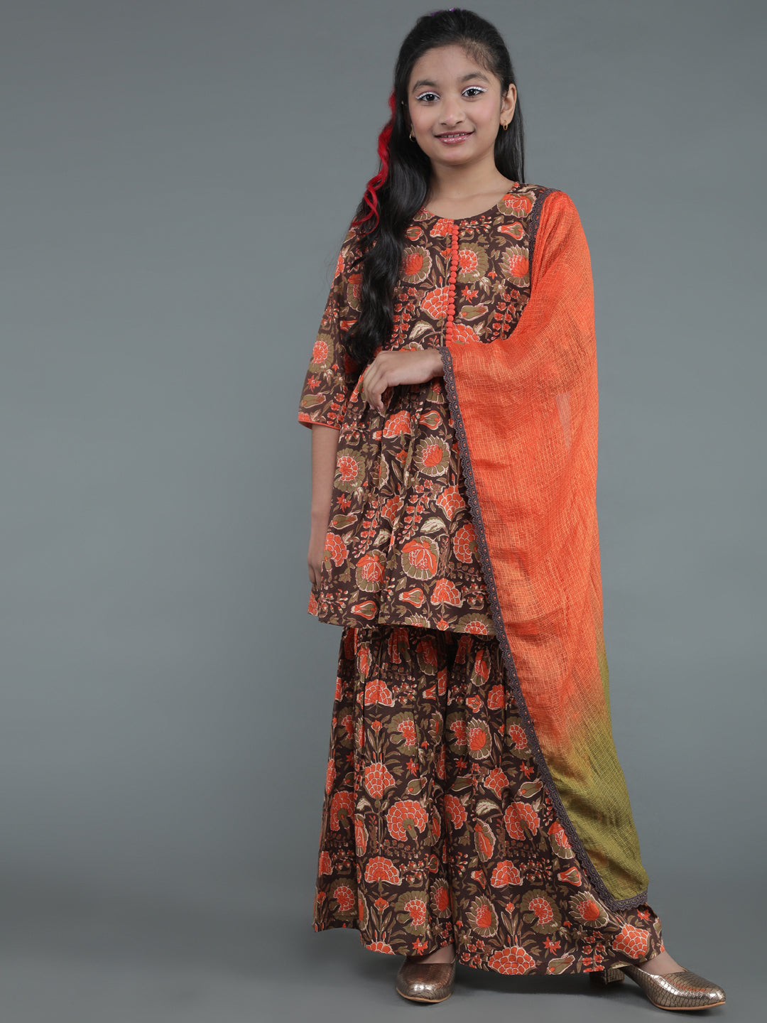 Brown Floral Print Kurta Sharara With Dupatta - Elganza