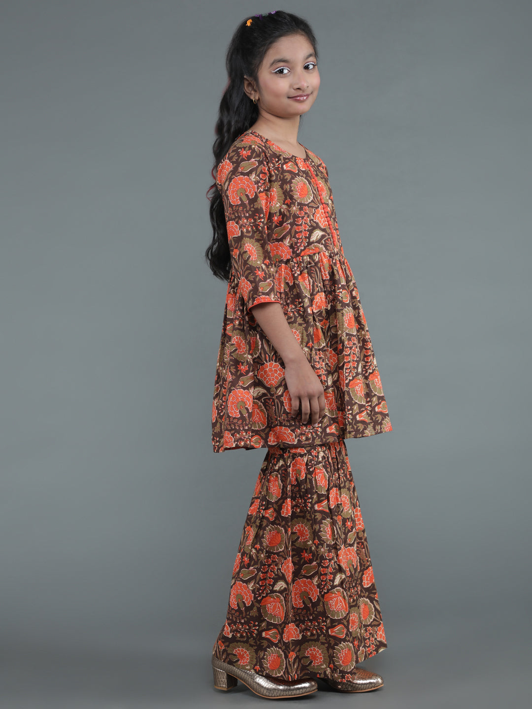 Brown Floral Print Kurta Sharara With Dupatta - Elganza