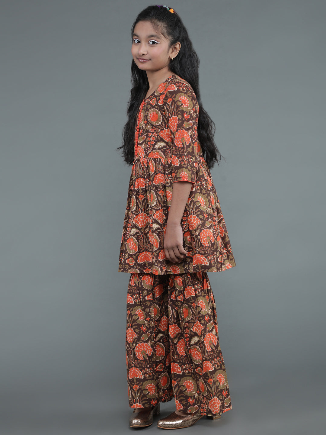 Brown Floral Print Kurta Sharara With Dupatta - Elganza