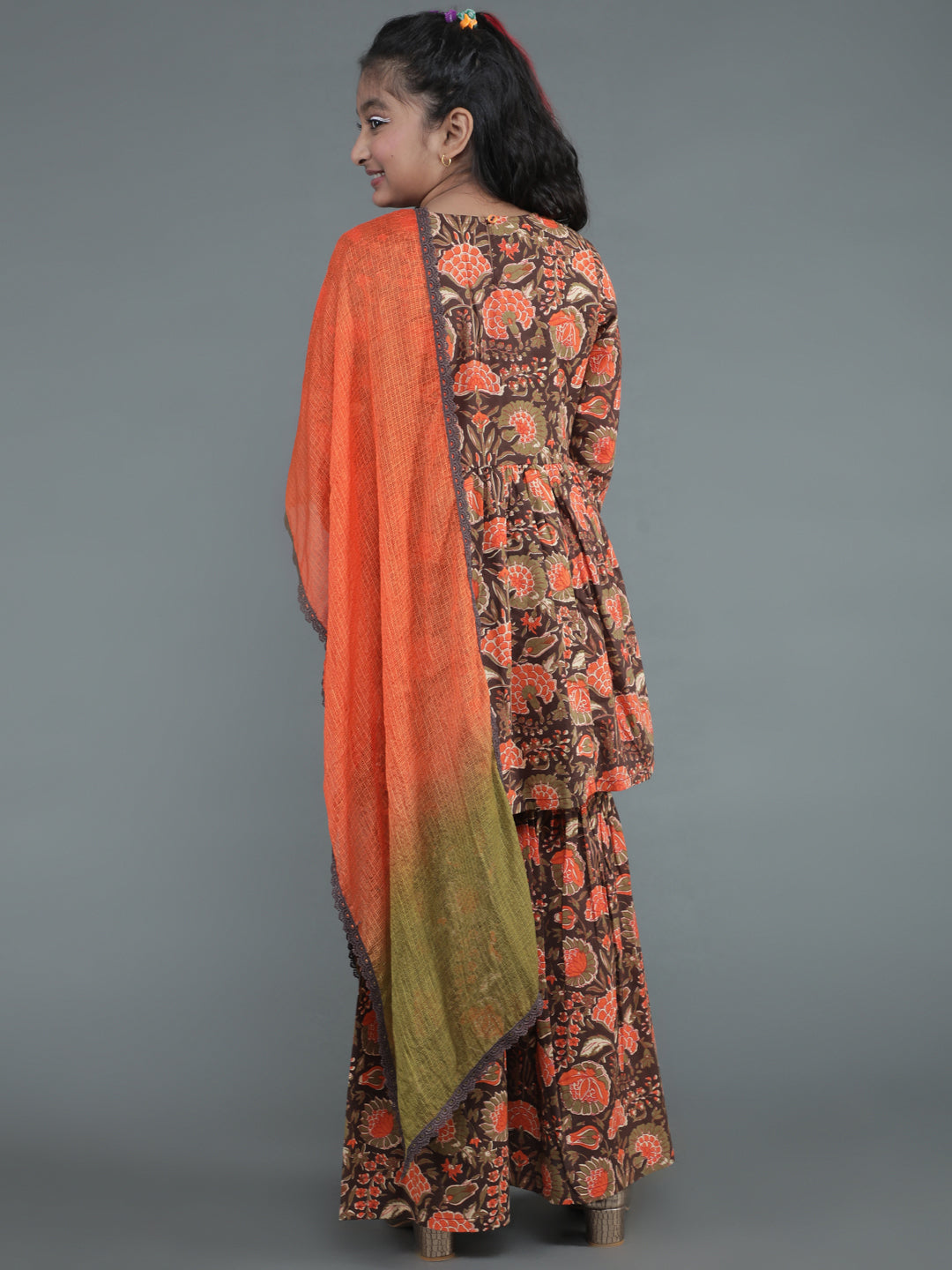 Brown Floral Print Kurta Sharara With Dupatta - Elganza