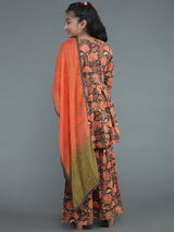 Brown Floral Print Kurta Sharara With Dupatta - Elganza