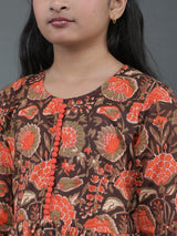 Brown Floral Print Kurta Sharara With Dupatta - Elganza