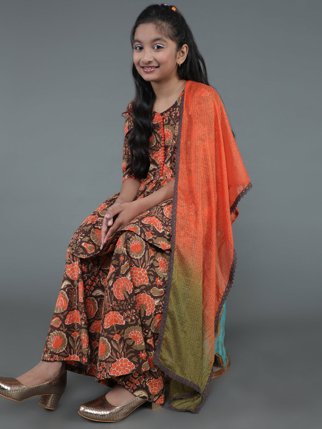 Brown Floral Print Kurta Sharara With Dupatta - Elganza