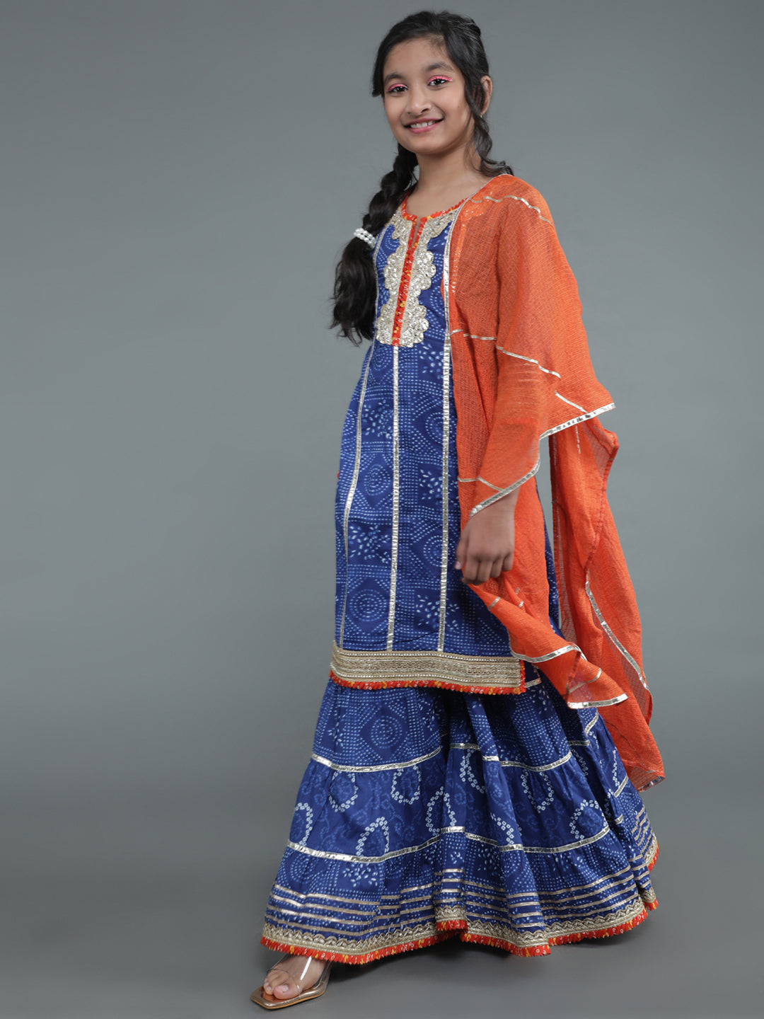 Navy Blue Bandhani Print Kurta Sharara With Dupatta - Elganza