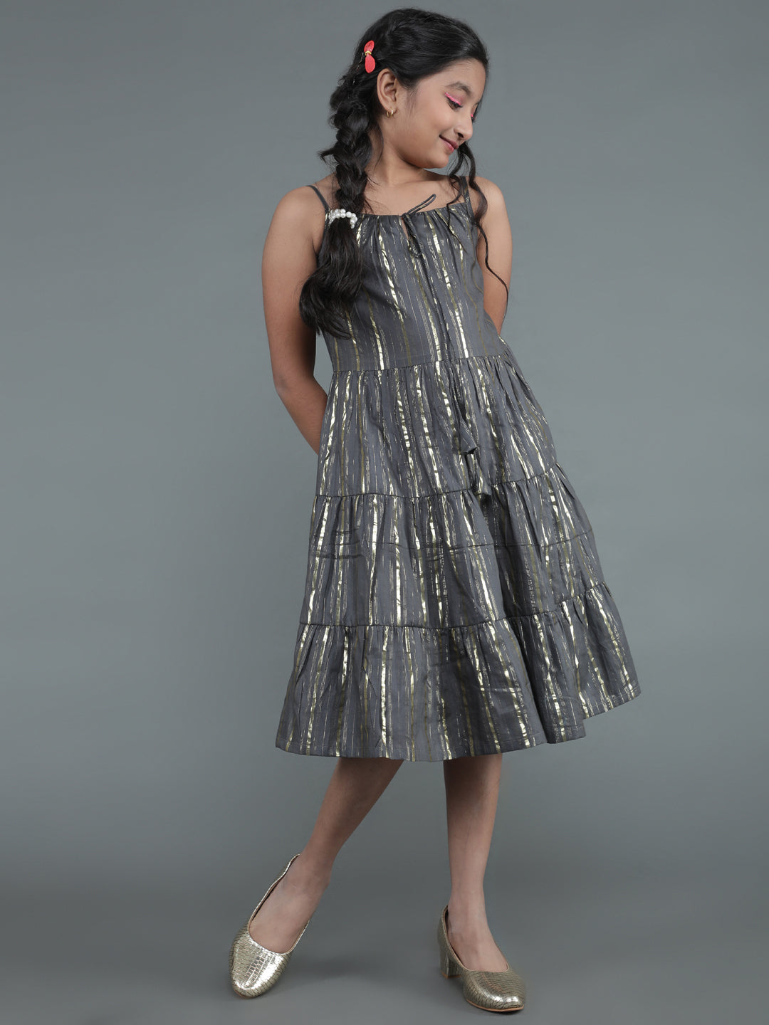 Grey Gold Striped Tiered Dress - Elganza