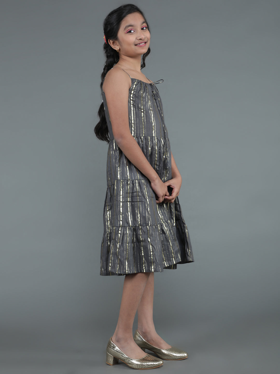 Grey Gold Striped Tiered Dress - Elganza