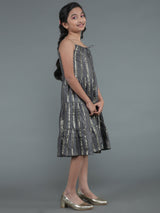 Grey Gold Striped Tiered Dress - Elganza