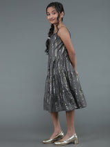 Grey Gold Striped Tiered Dress - Elganza
