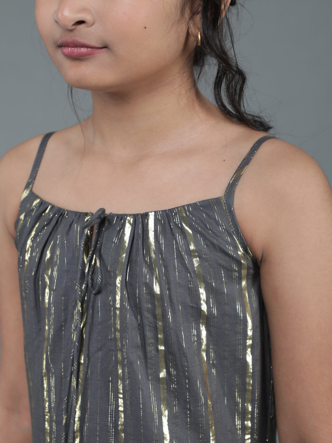 Grey Gold Striped Tiered Dress - Elganza