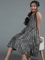 Grey Gold Striped Tiered Dress - Elganza