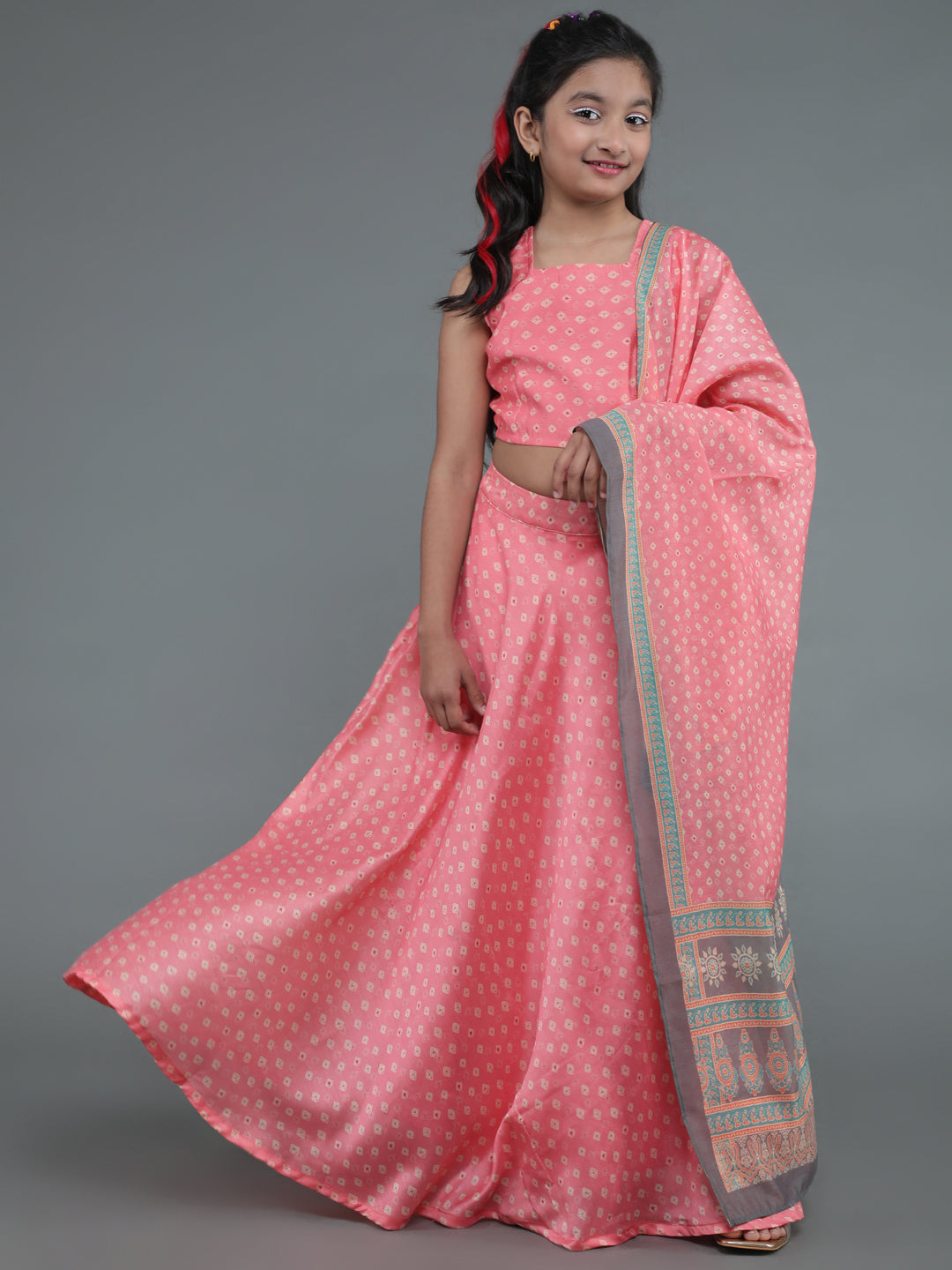 Pink Bandhani Print Lehenga Choli With Dupatta - Elganza
