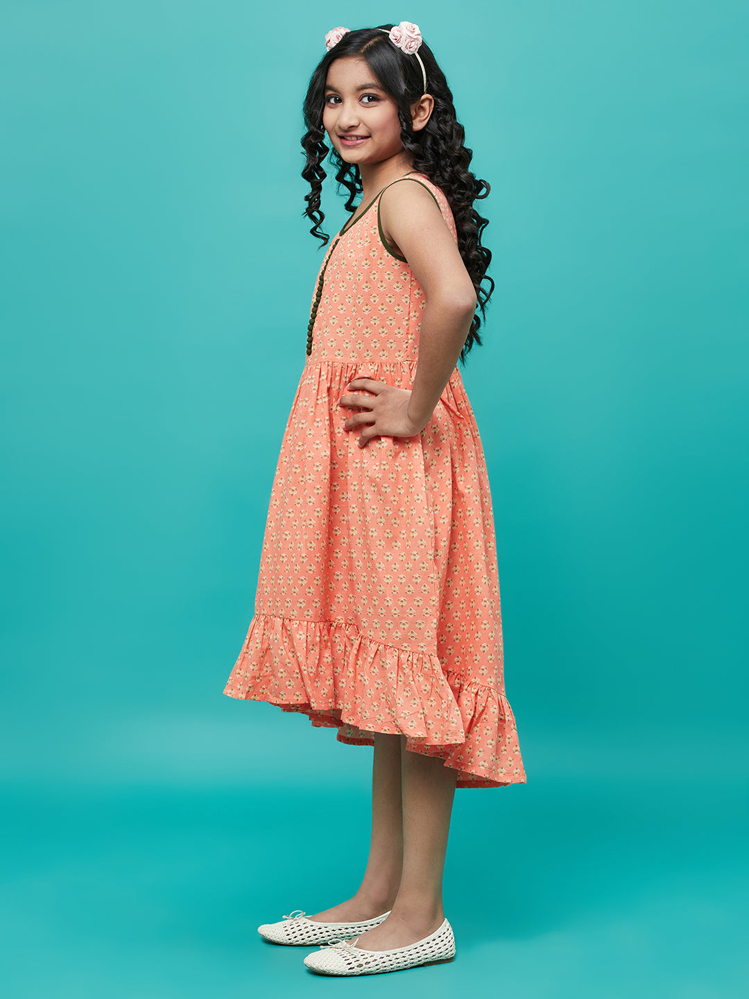 Peach Printed Gathered Dress