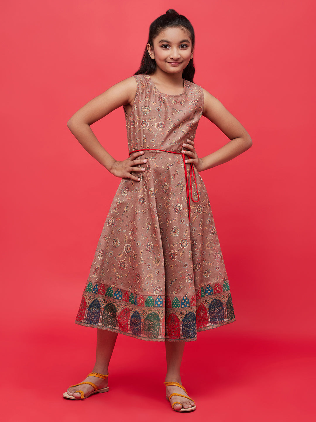 Brown Printed Flared Dress