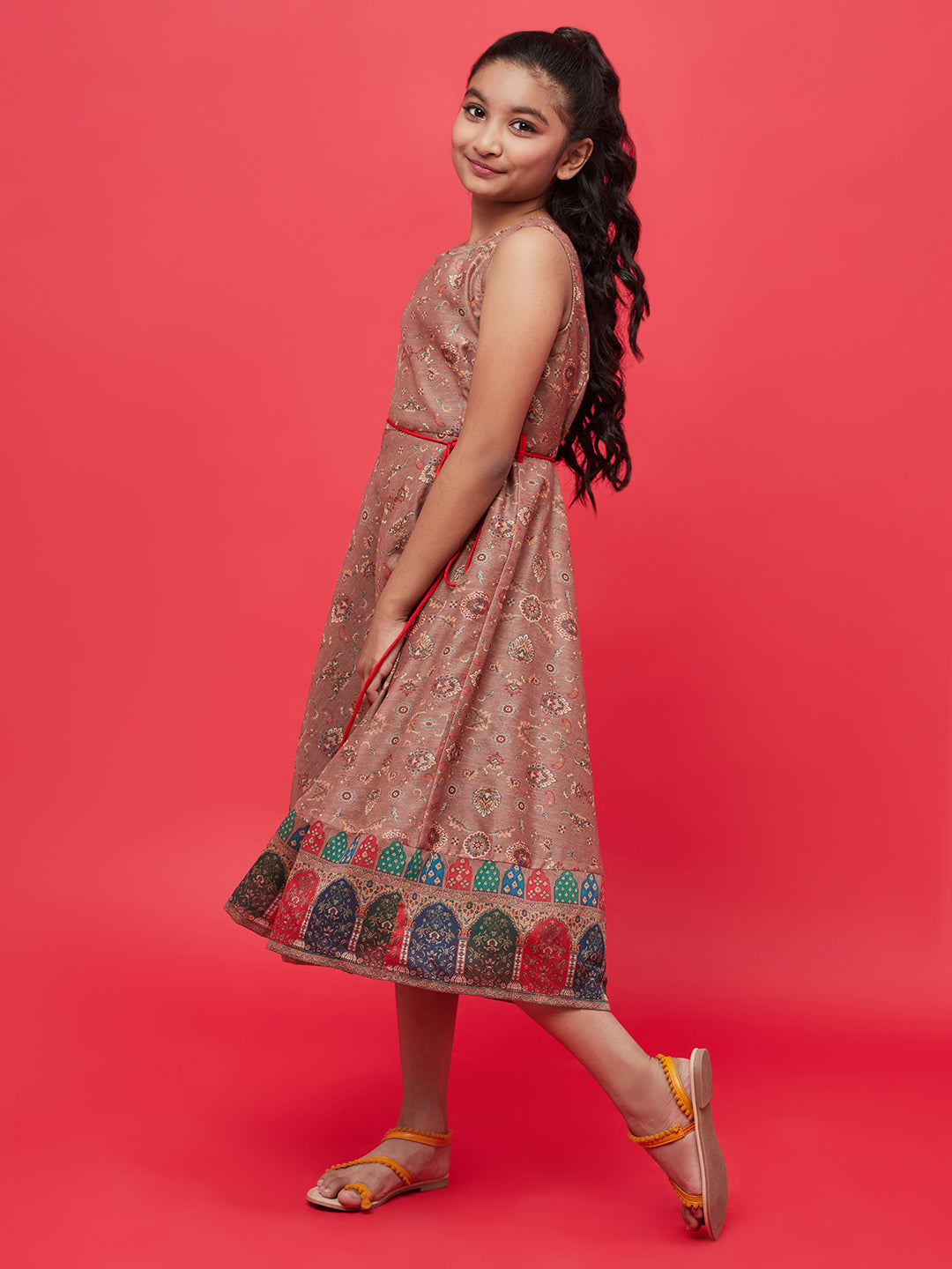Brown Printed Flared Dress