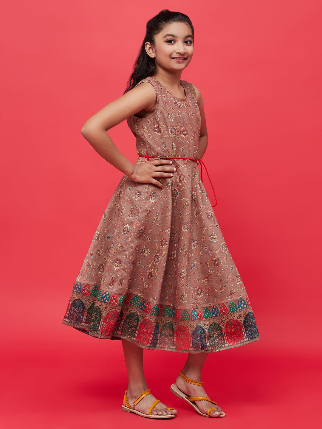Brown Printed Flared Dress