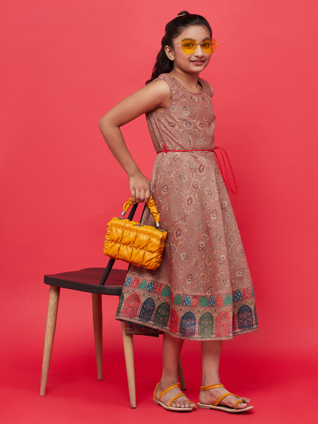 Brown Printed Flared Dress
