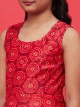 Red Digital Print Box Pleated Dress
