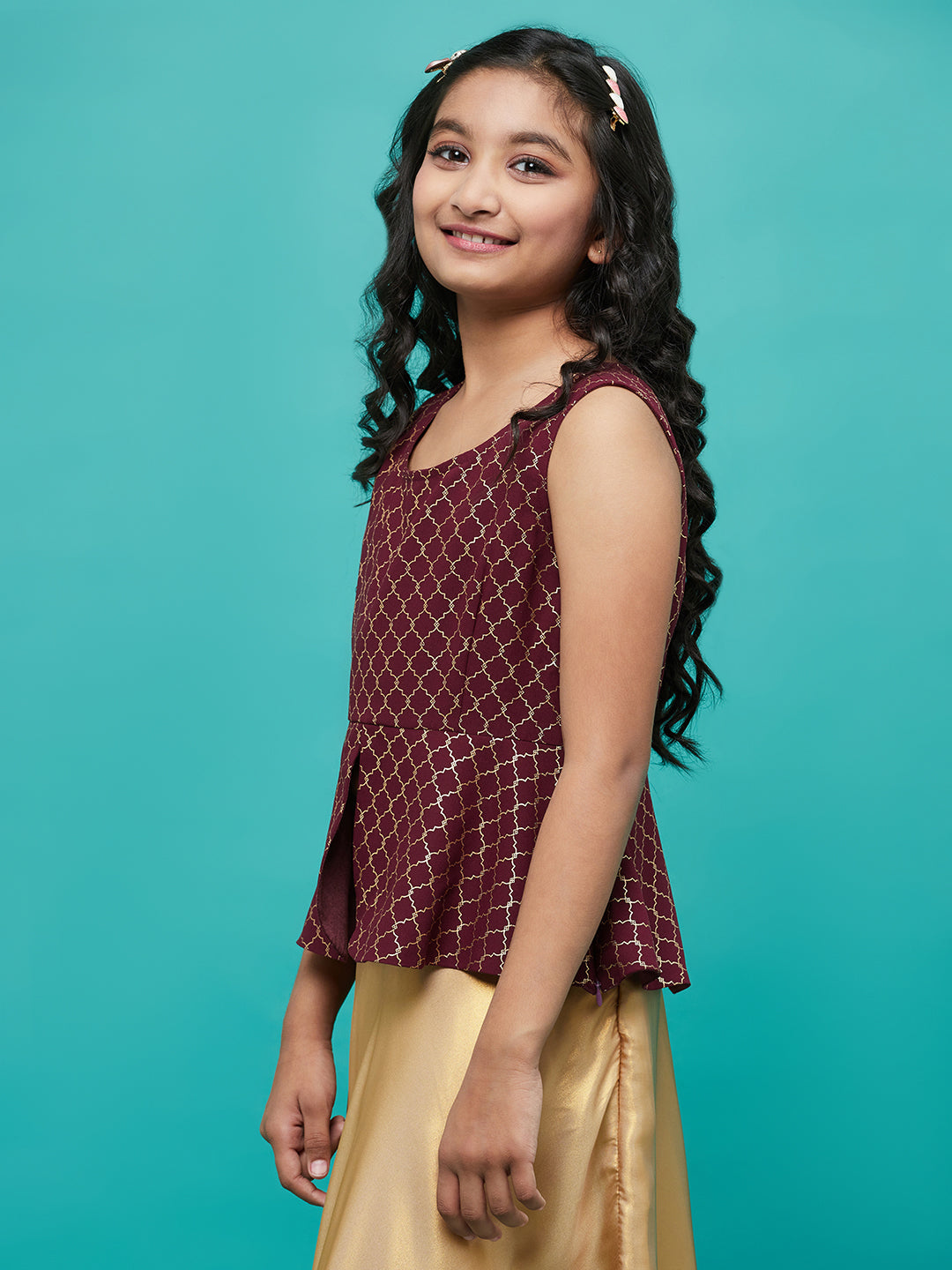 Burgundy Foil Printed Peplum Top - Elganza