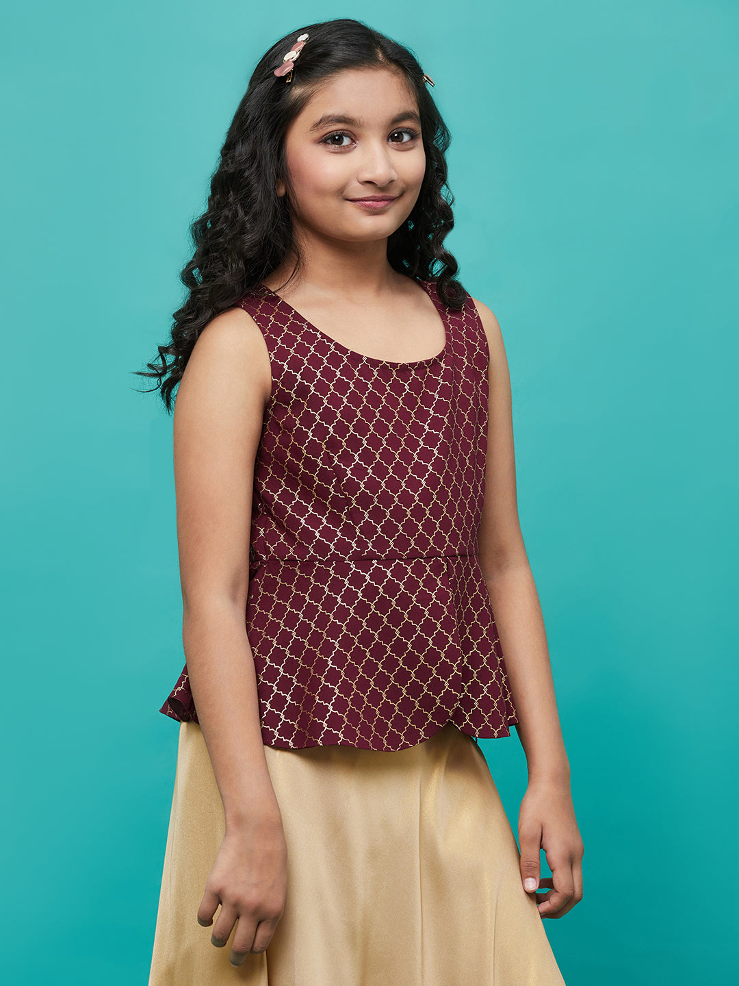 Burgundy Foil Printed Peplum Top - Elganza