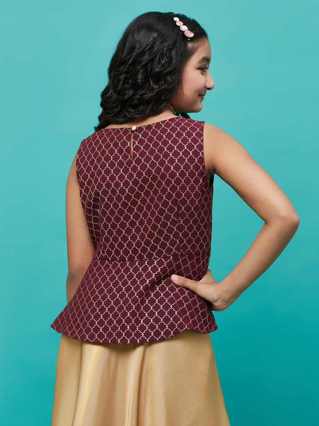 Burgundy Foil Printed Peplum Top - Elganza