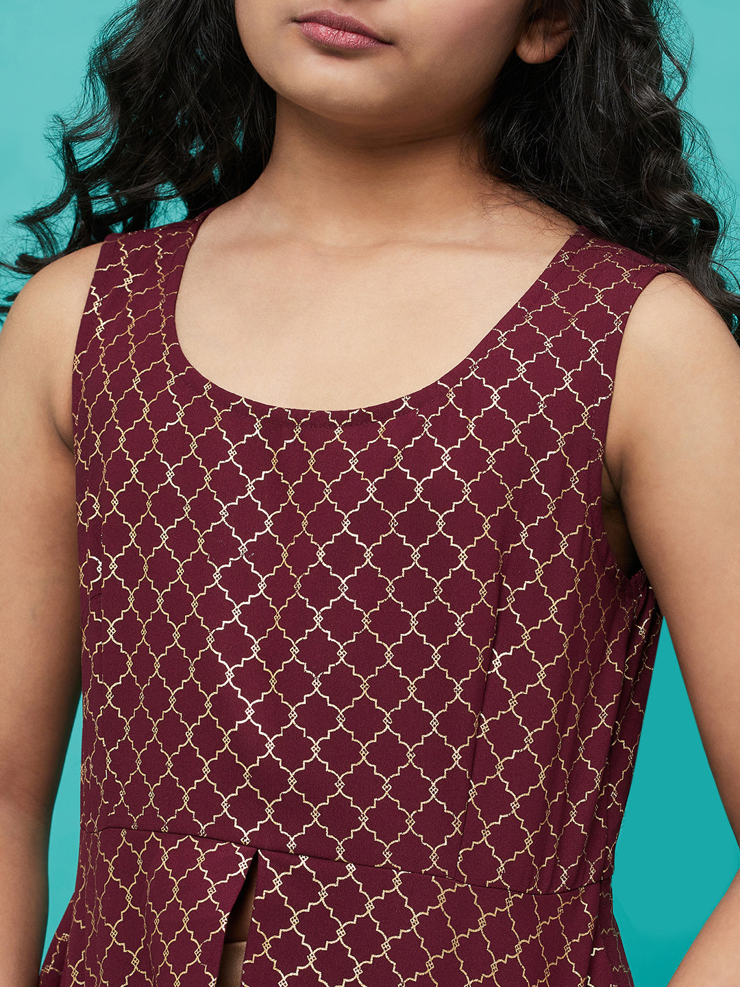 Burgundy Foil Printed Peplum Top - Elganza