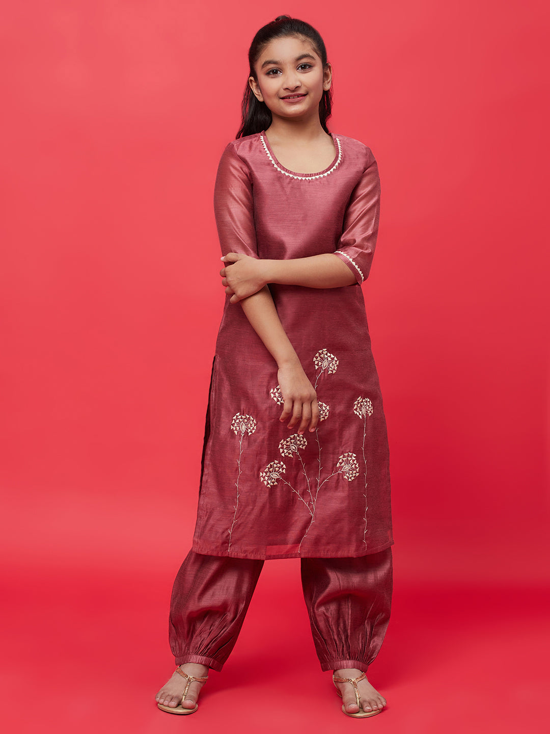Brown Embroidered Kurta With Balloon Pant - Elganza