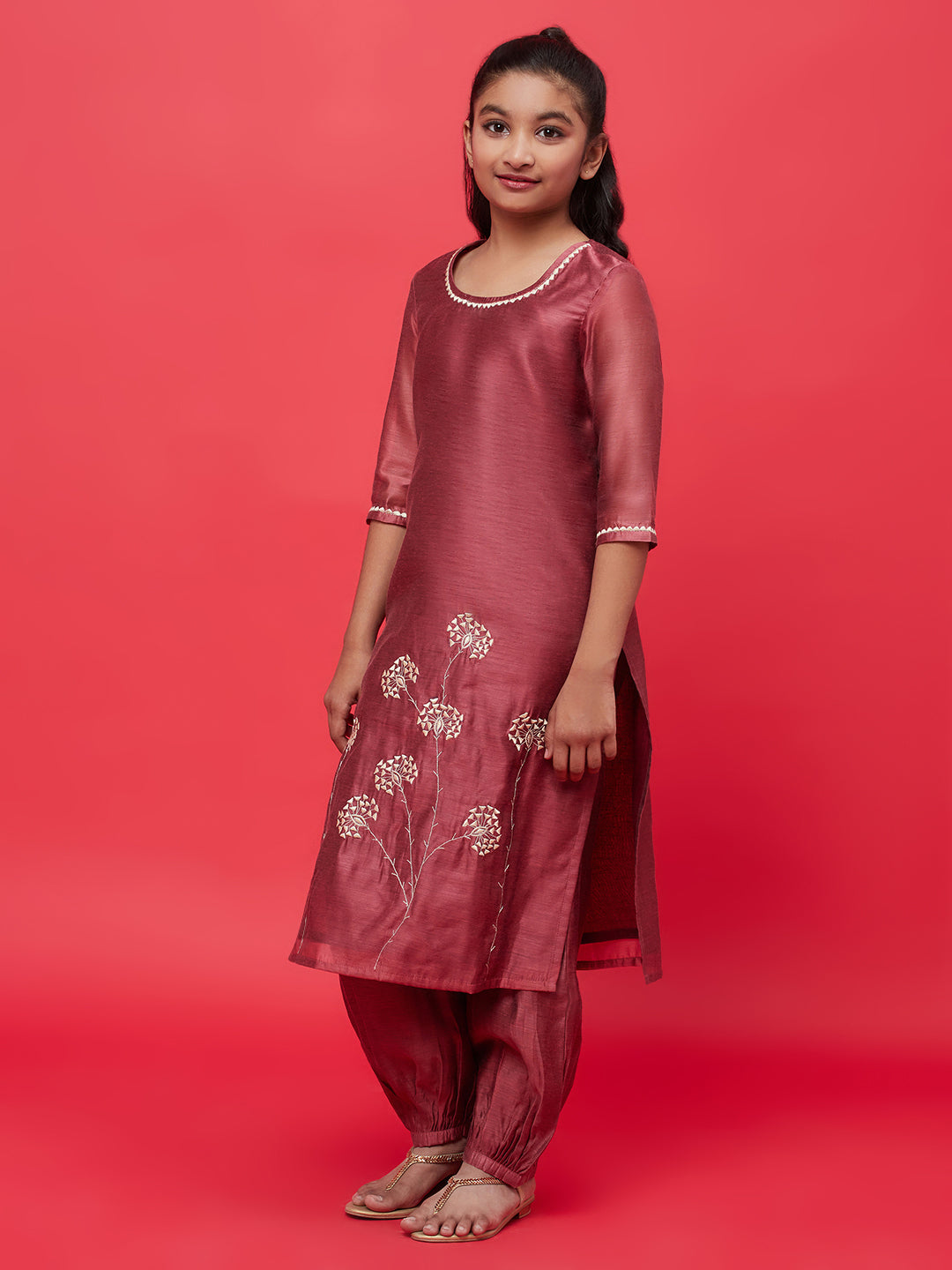 Brown Embroidered Kurta With Balloon Pant - Elganza