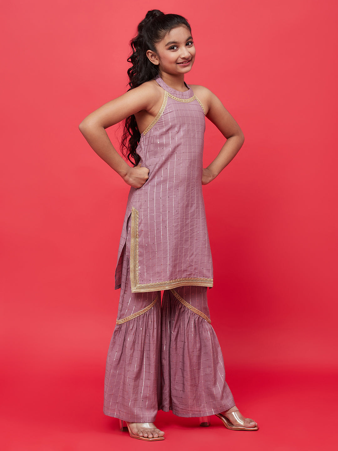 Brown Sequin Kurta Sharara With Dupatta - Elganza