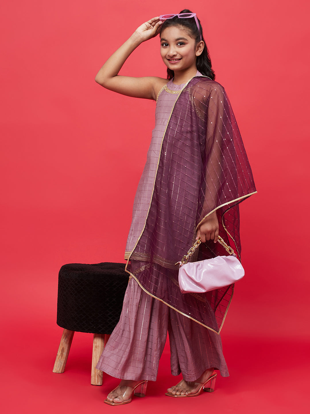 Brown Sequin Kurta Sharara With Dupatta - Elganza