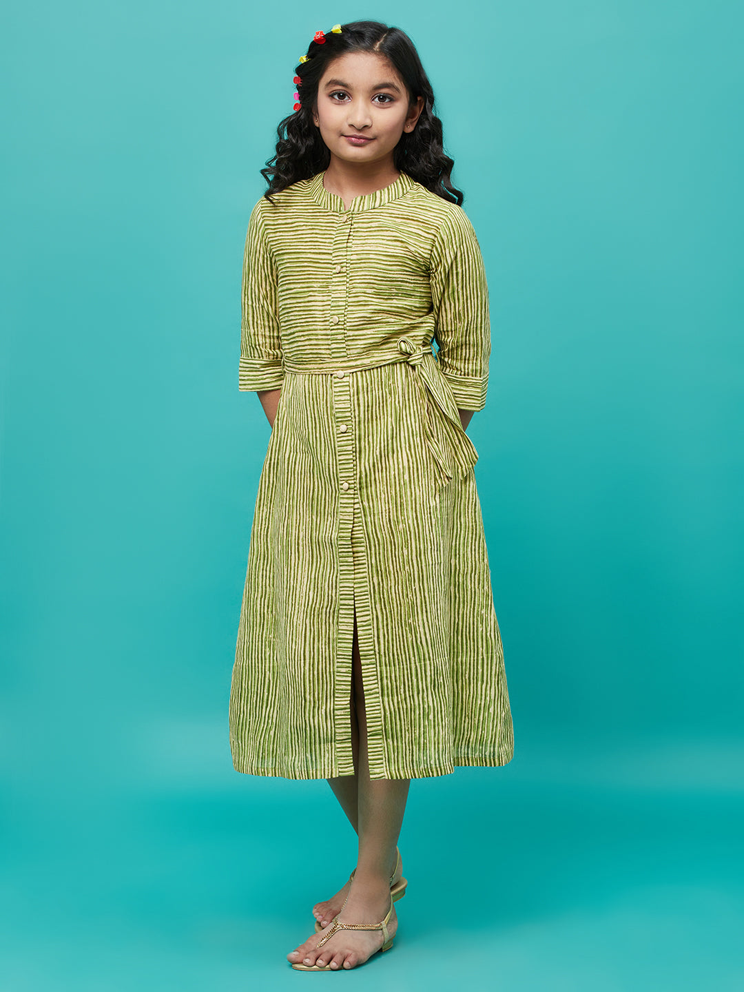 Green Striped A-line Dress - Elganza