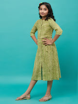 Green Striped A-line Dress - Elganza