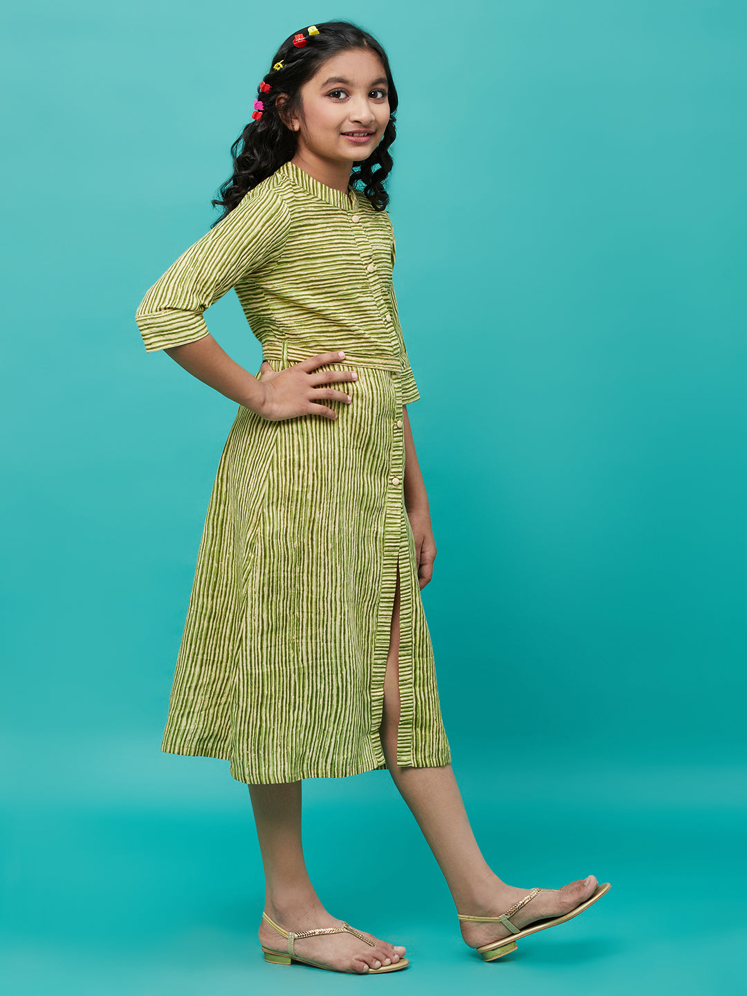 Green Striped A-line Dress - Elganza