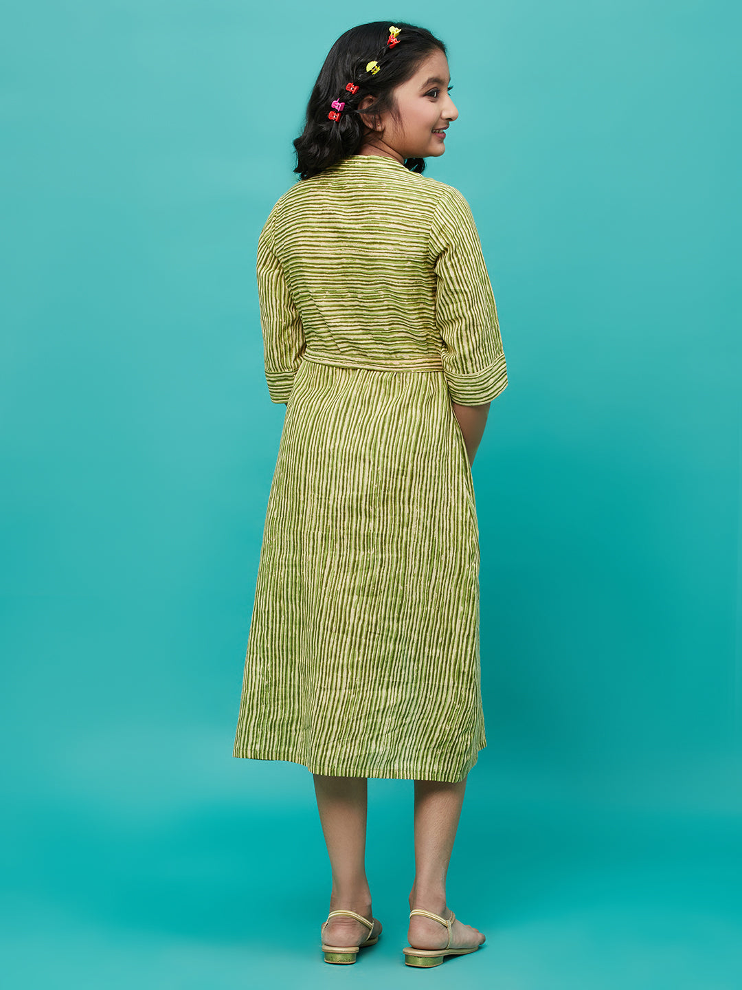 Green Striped A-line Dress - Elganza