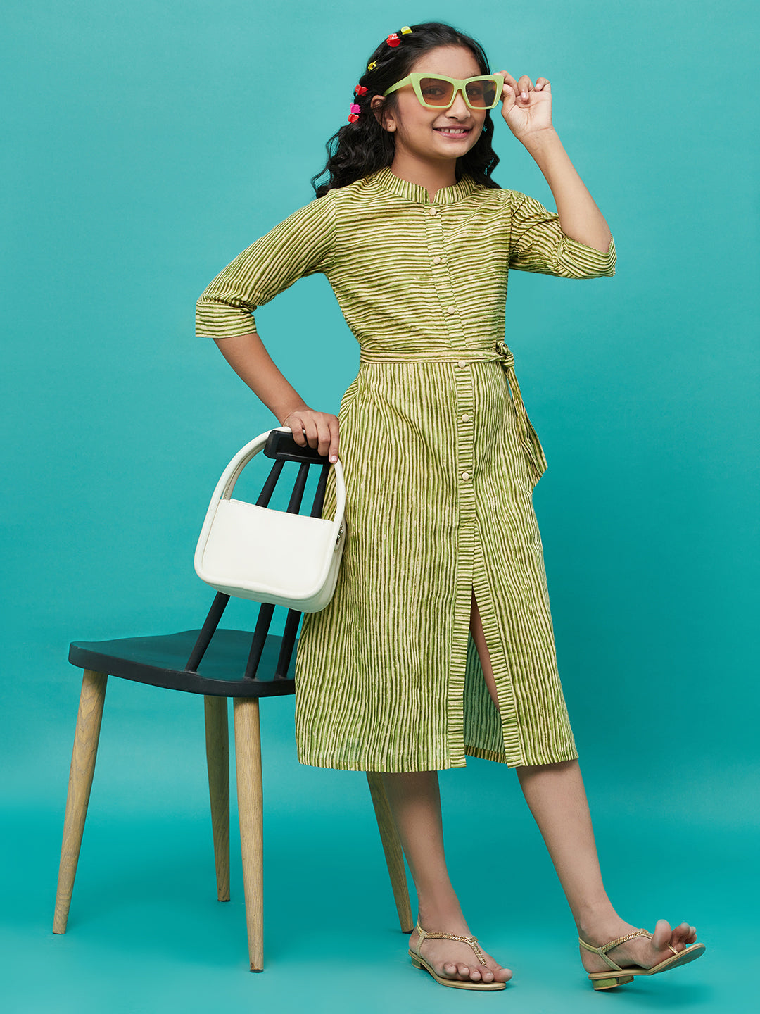 Green Striped A-line Dress - Elganza