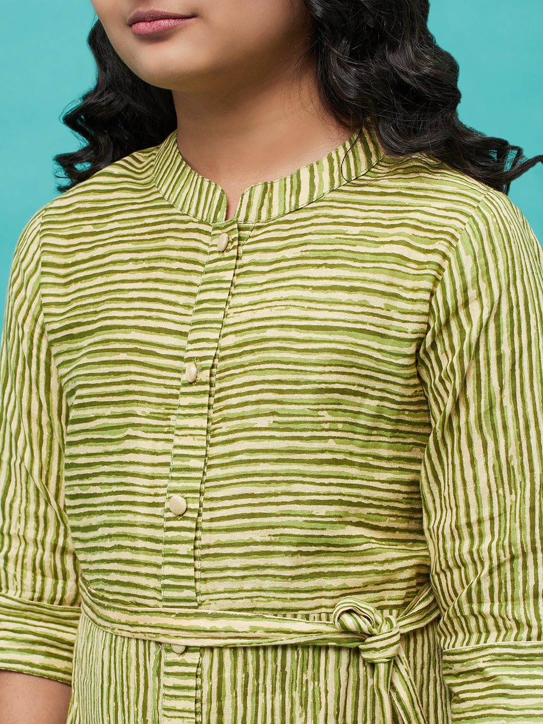 Green Striped A-line Dress - Elganza