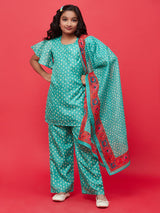 Green Bandhani Print Kurti Palazzo With Dupatta - Elganza