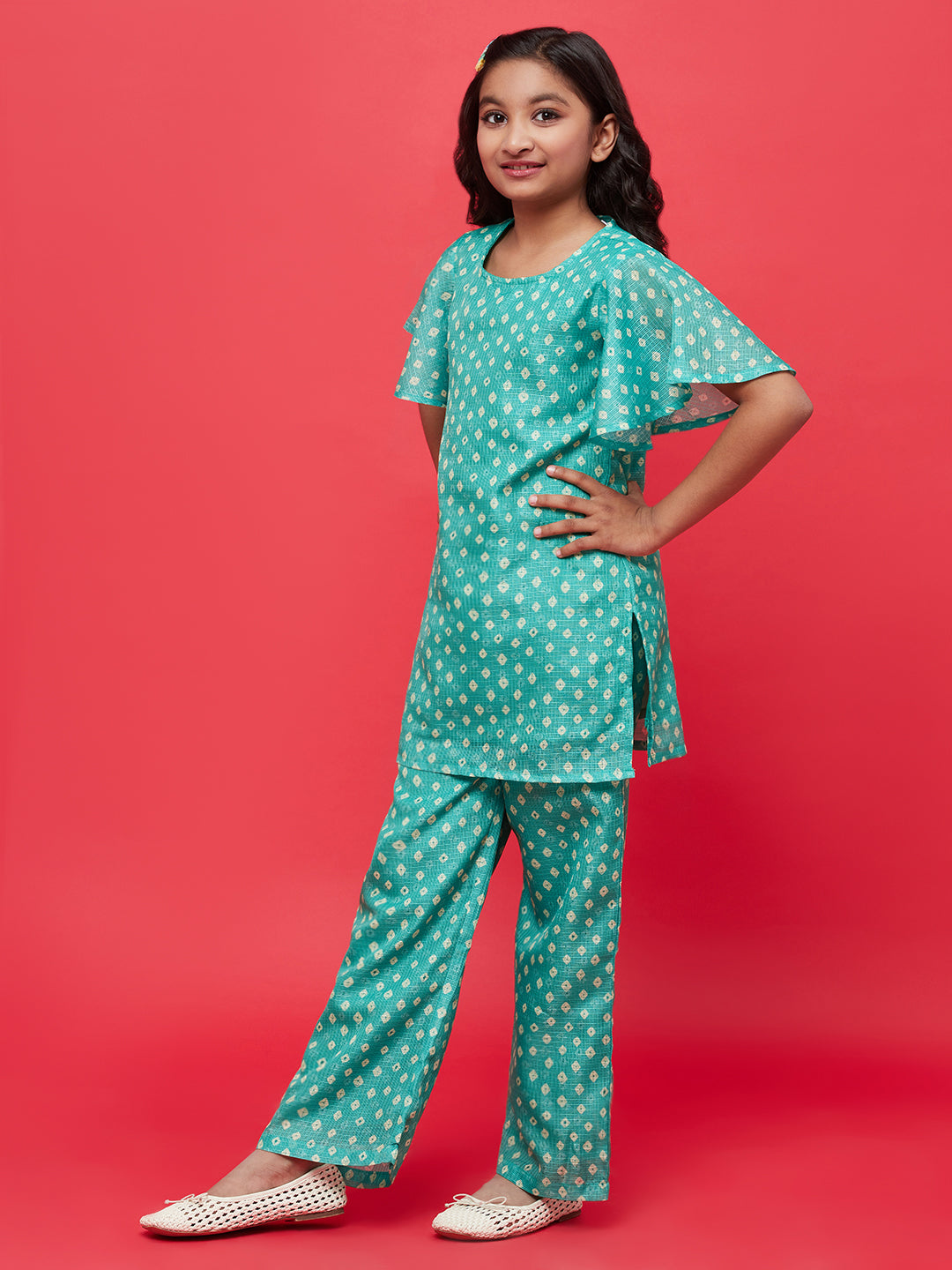 Green Bandhani Print Kurti Palazzo With Dupatta - Elganza