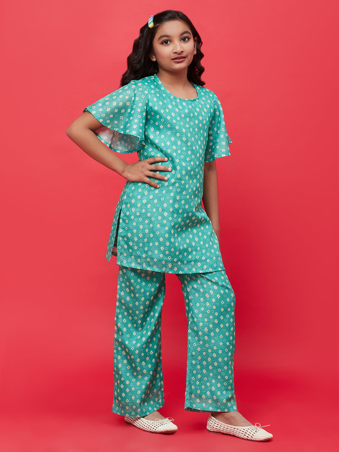 Green Bandhani Print Kurti Palazzo With Dupatta - Elganza