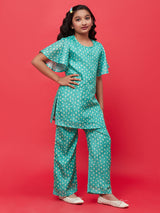 Green Bandhani Print Kurti Palazzo With Dupatta - Elganza