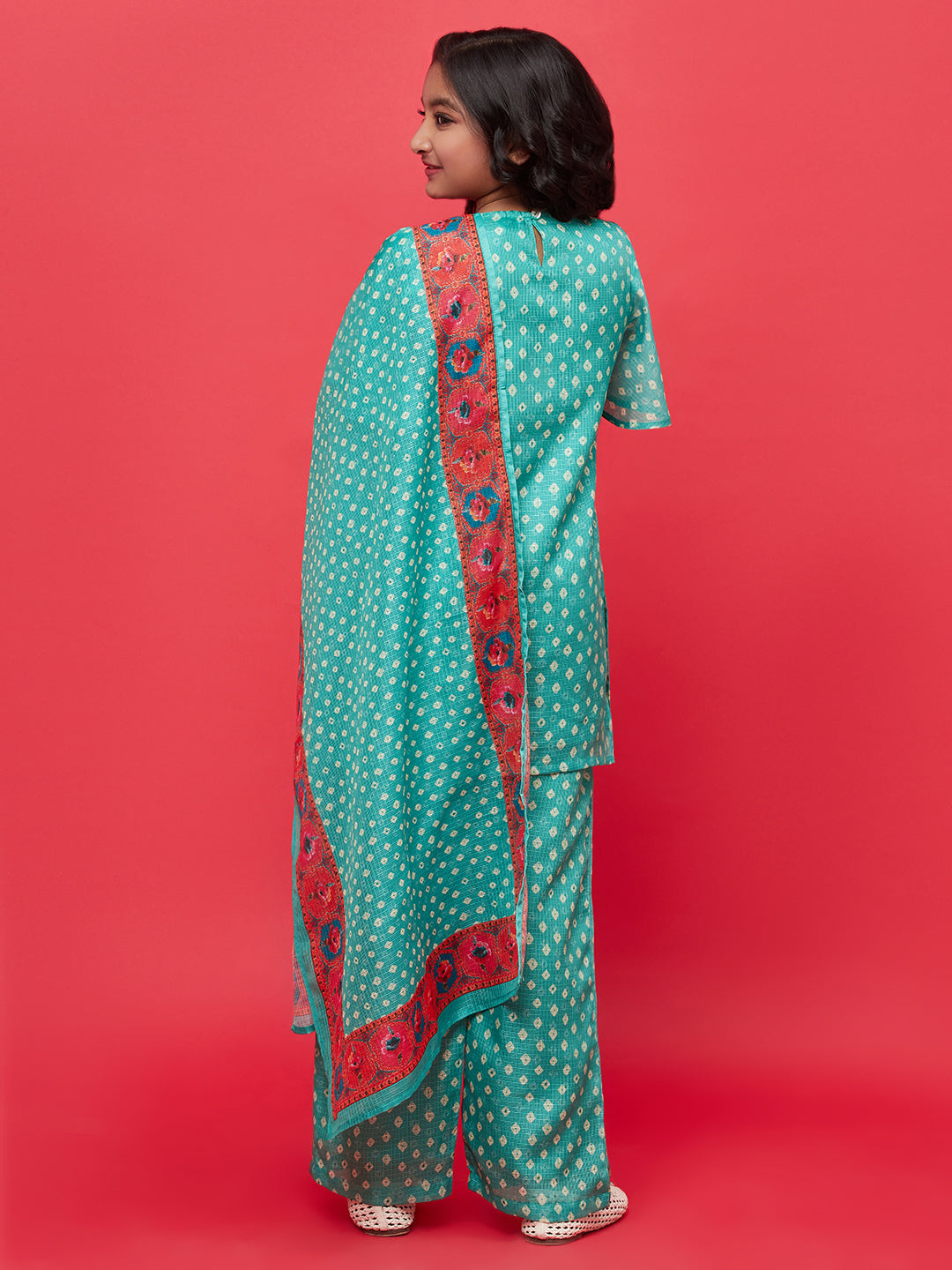 Green Bandhani Print Kurti Palazzo With Dupatta - Elganza
