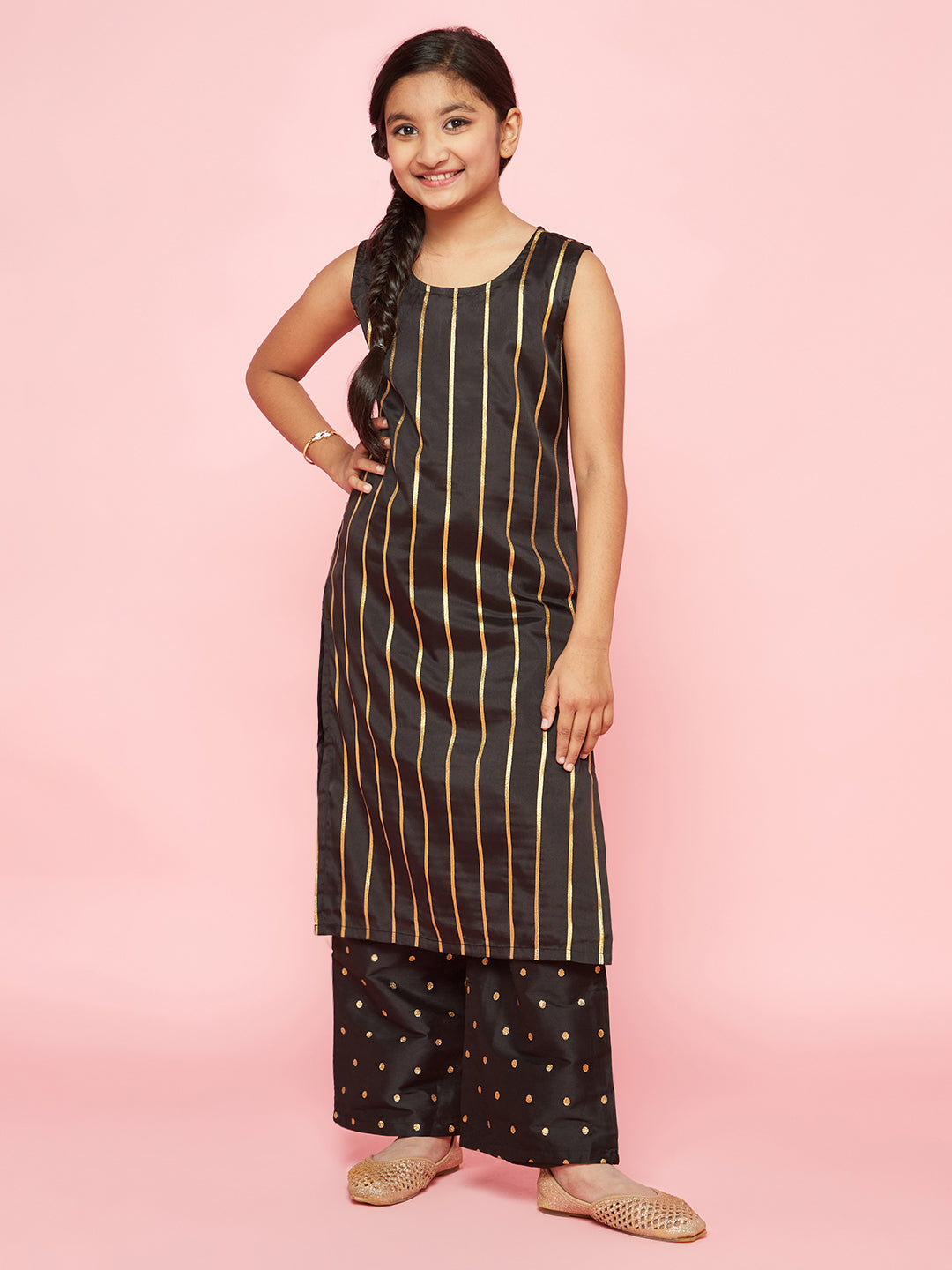 Black Zari Work Striped Kurta With Palazzo - Elganza