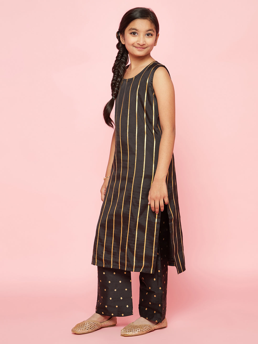 Black Zari Work Striped Kurta With Palazzo - Elganza