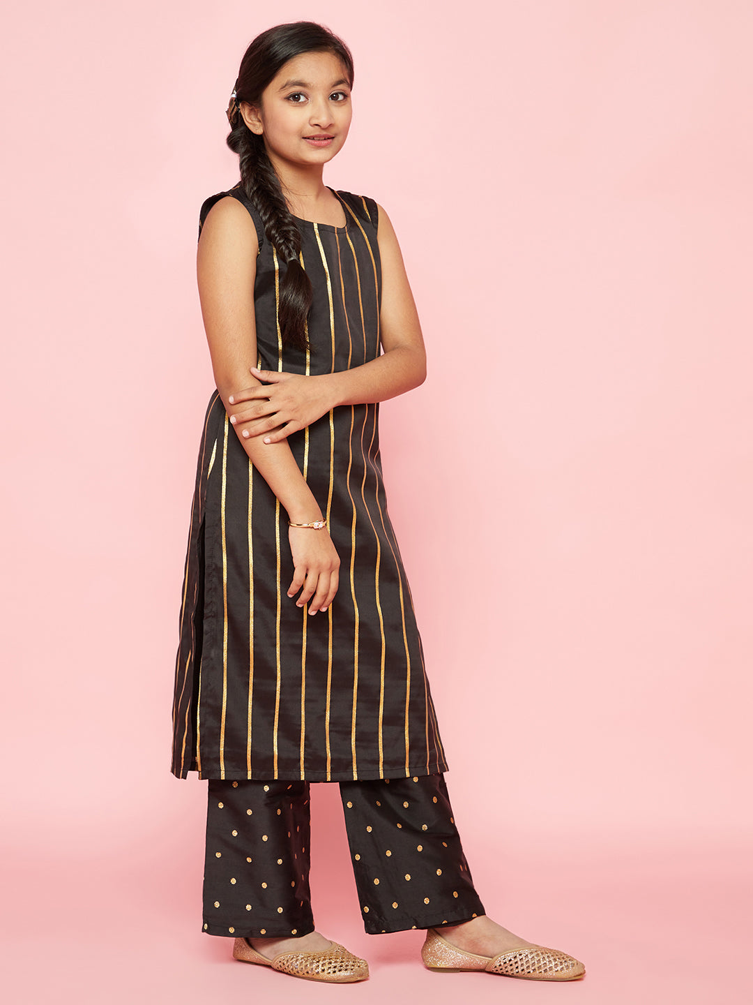 Black Zari Work Striped Kurta With Palazzo - Elganza