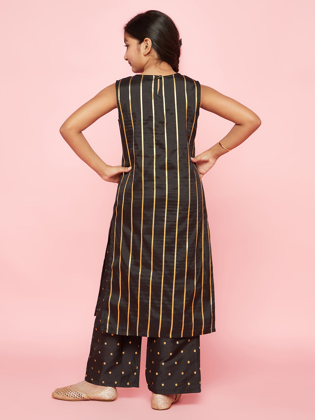 Black Zari Work Striped Kurta With Palazzo - Elganza