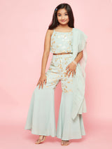 Sea Green Foil Print Top Sharara With Dupatta - Elganza
