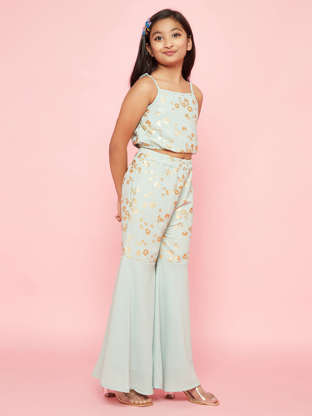 Sea Green Foil Print Top Sharara With Dupatta - Elganza