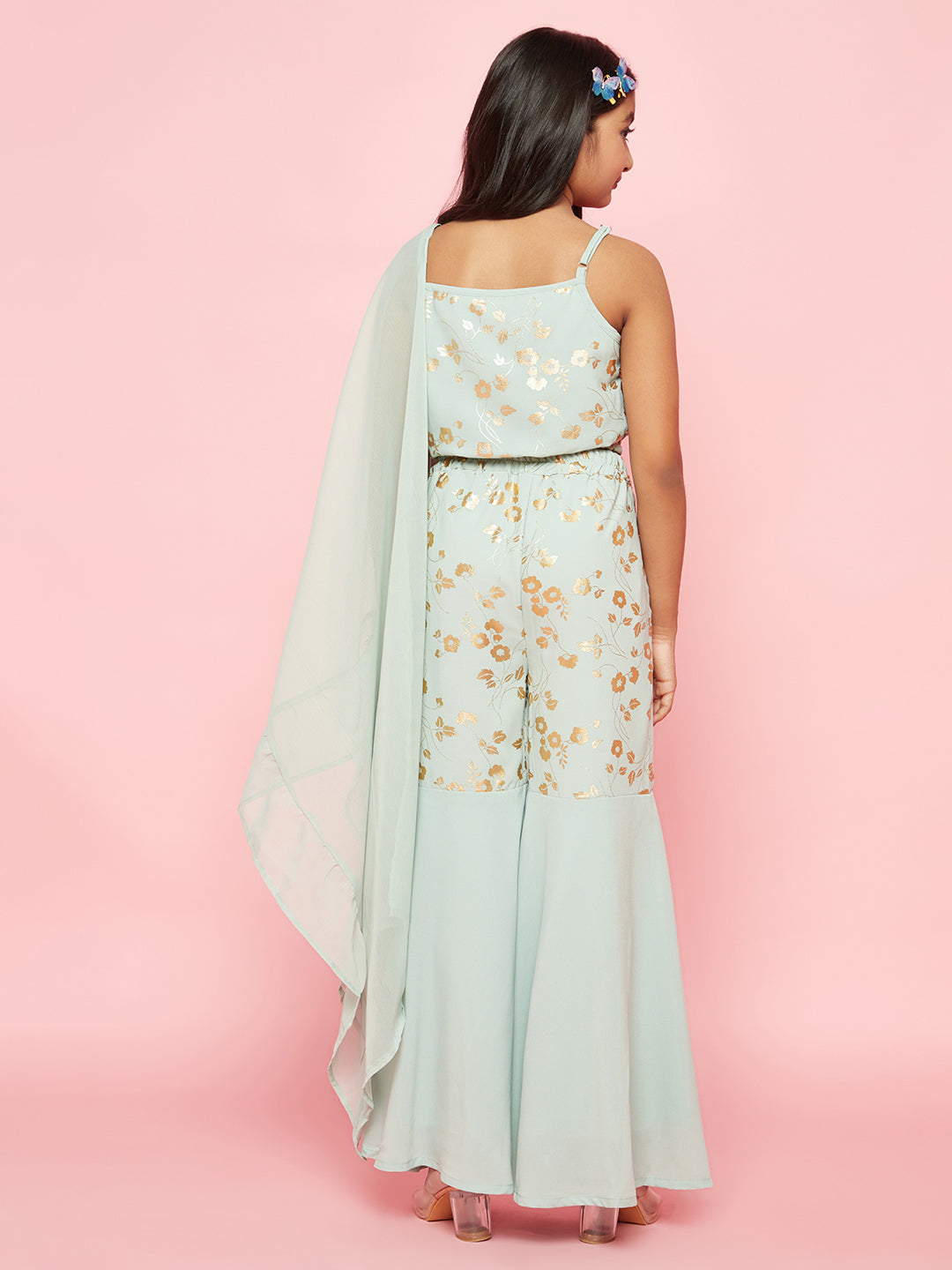 Sea Green Foil Print Top Sharara With Dupatta - Elganza