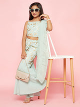 Sea Green Foil Print Top Sharara With Dupatta - Elganza